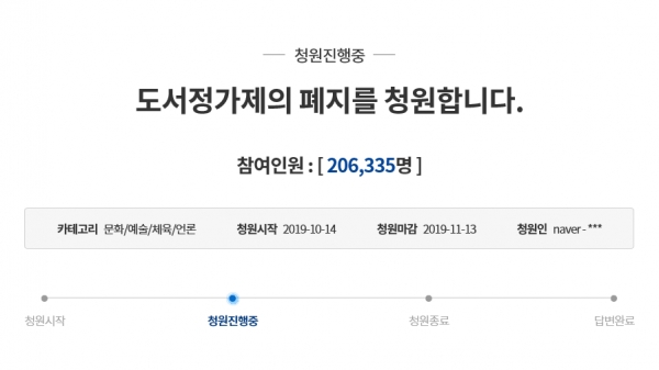 지난달 14일(월) 청와대 국민청원 게시판에 게시된 도서정가제를 폐지해달라는 청원. 지난 8일(금) 기준 20만 명이 넘는 인원이 참여했다.