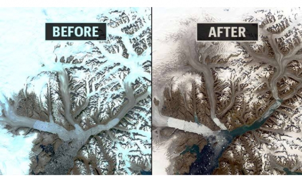 1972년 9월(좌)과 2019년 8월(우)의 그린란드 빙하 위성 사진을 비교한 것이다. 이례적으로 따뜻한 여름 공기로 인해 얼음이 녹자, 기존에 얼음으로 덮여있던 돌들이 드러났다. 자료: 미국항공우주국(NASA)